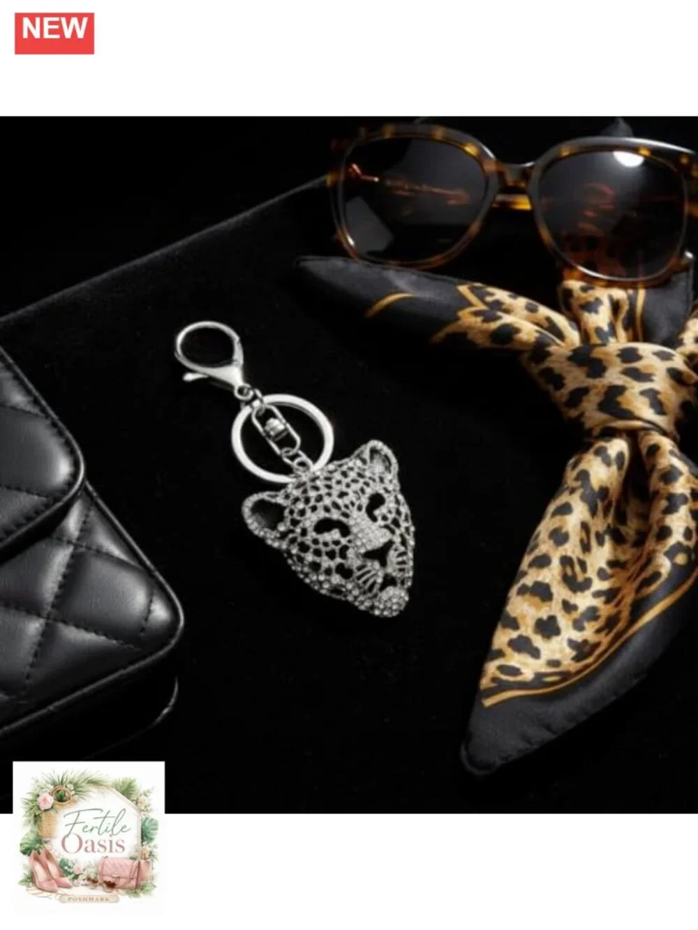 Rhinestone Leopard Head Keychain Purse Charm Pendant